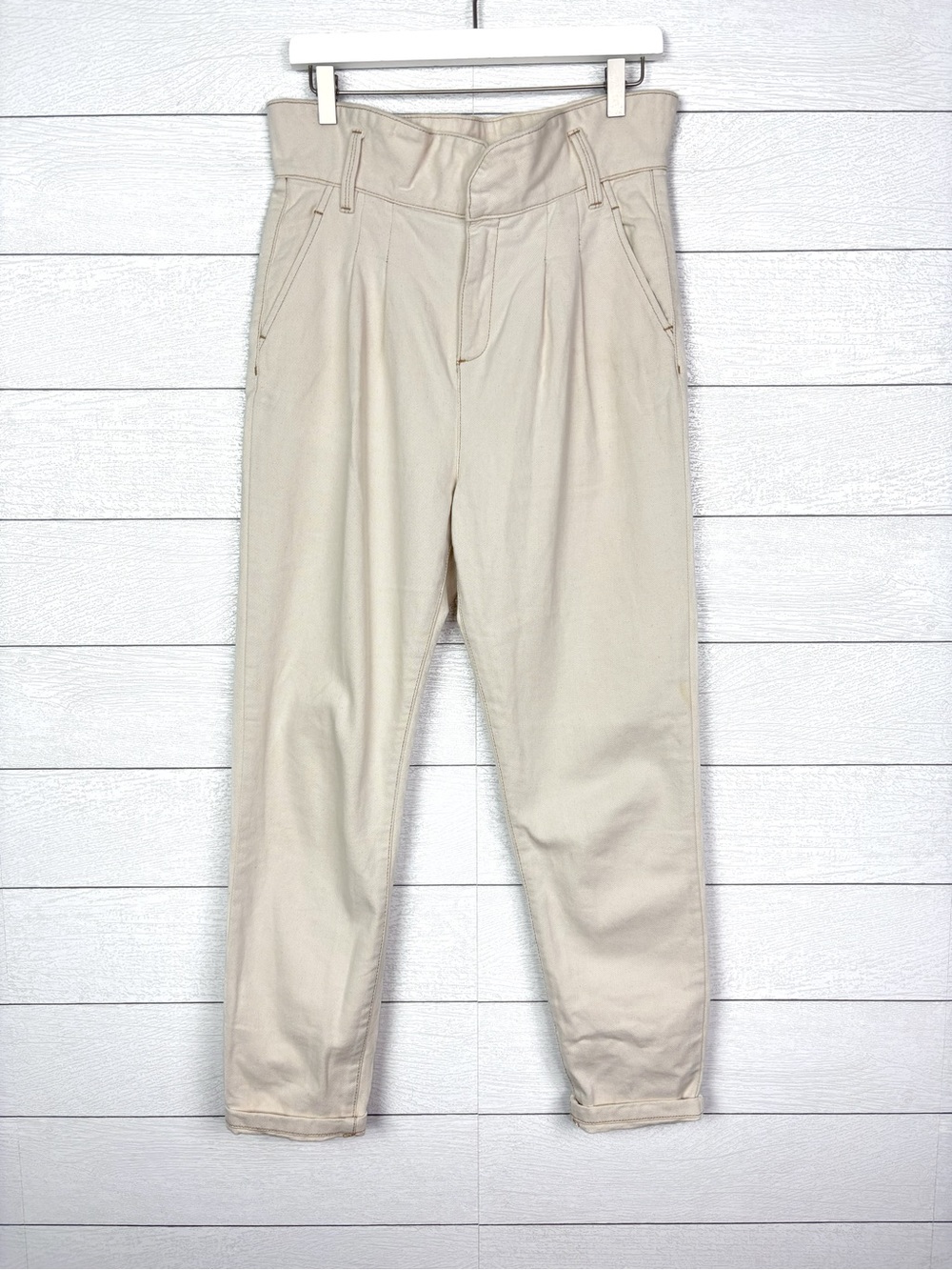 Sezane Austin Trouser Pant High Rise Ivory Cream Cotton 36